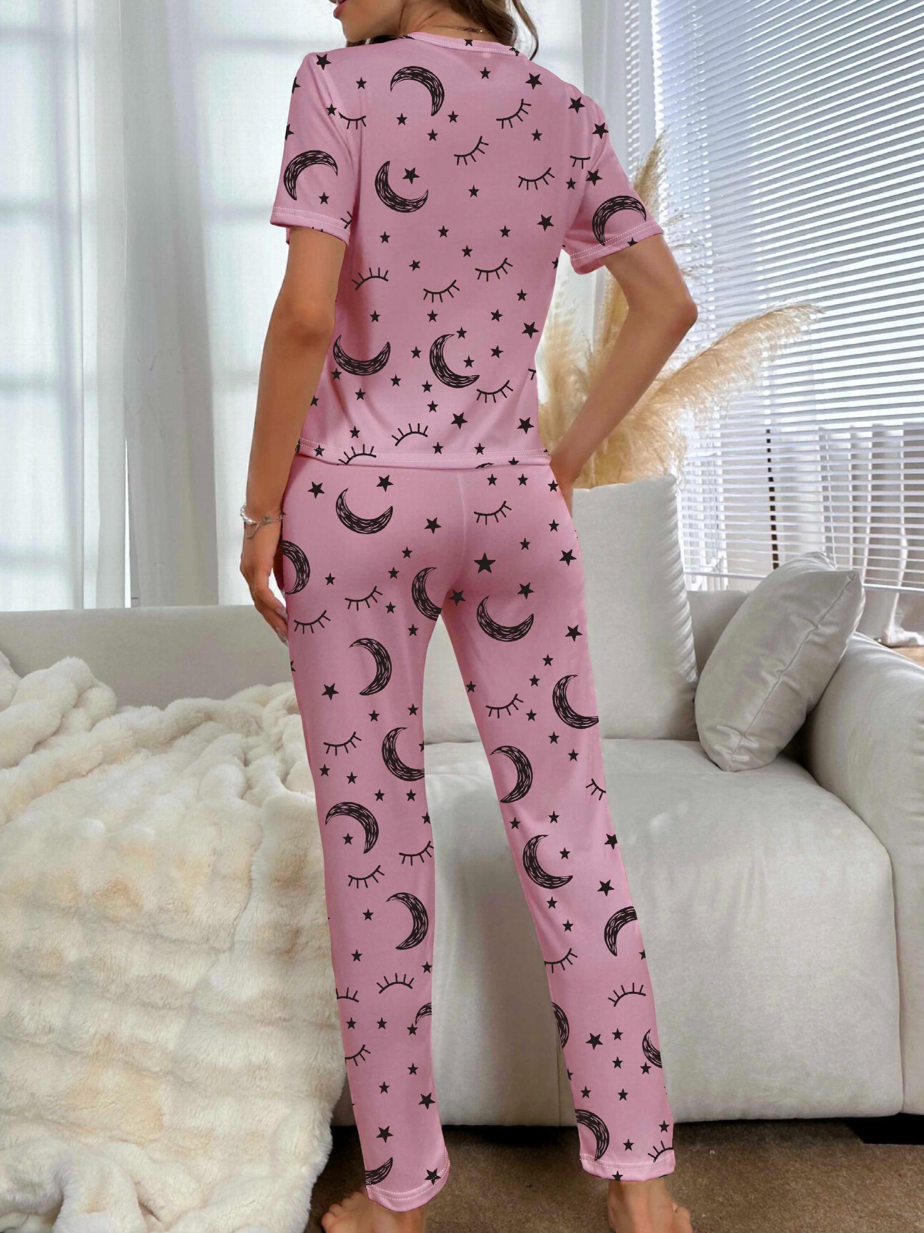 Moon & Eyelashes Pajama Set Short Sleeve Crew Neck Top & Pants Women's Sleepwear