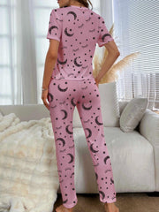 Moon & Eyelashes Pajama Set Short Sleeve Crew Neck Top & Pants Women's Sleepwear