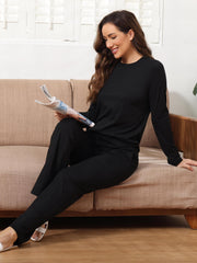 Women's Solid Pajama Set Long Sleeve Crew Neck Top & Pants