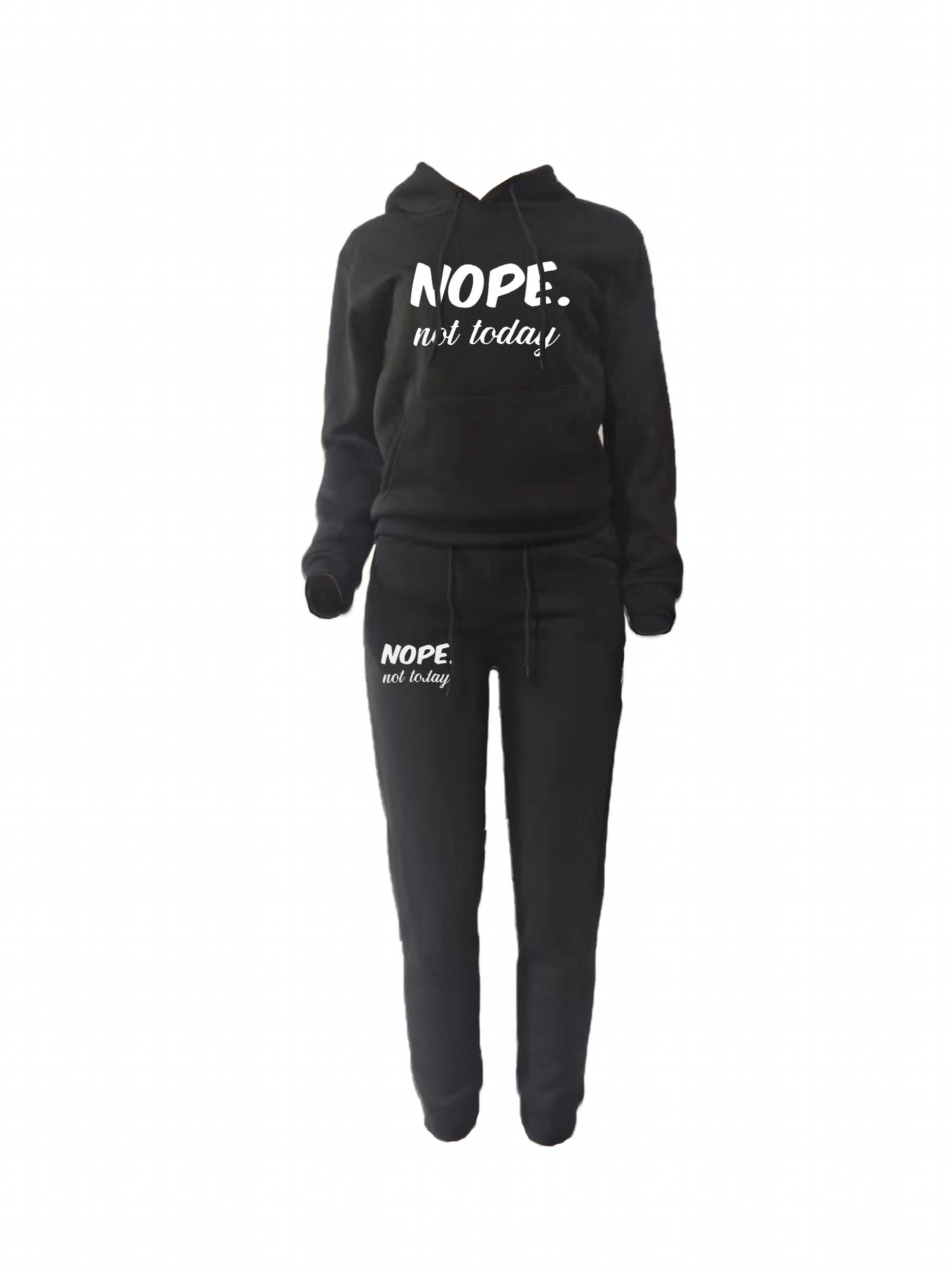 Print Drawstring Two-piece Set Hoodie & Pants