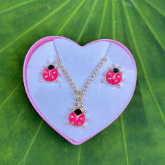 Colorful Insect Ladybug Pendant Necklace & Earrings Set For Girls