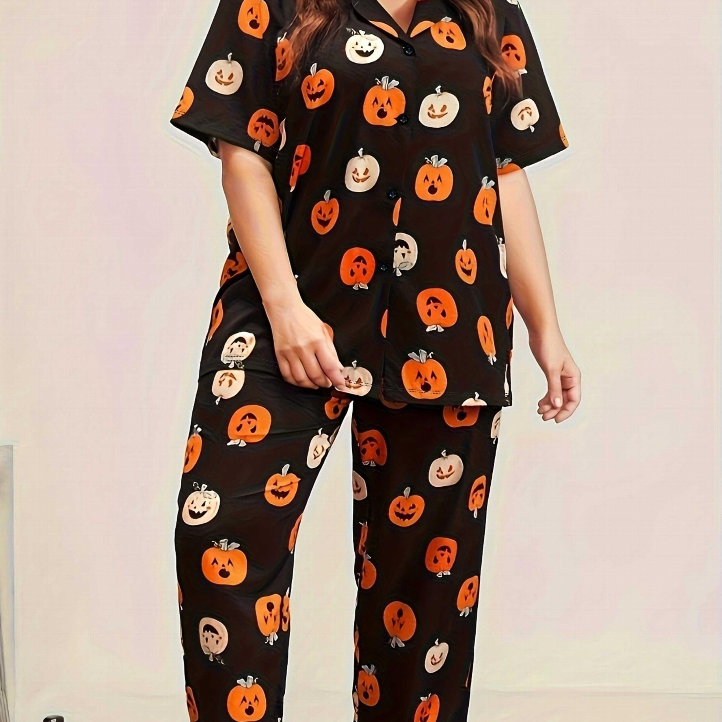 Halloween Pumpkin Pajama Set Short Sleeve Button Up