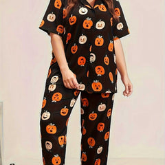 Halloween Pumpkin Pajama Set Short Sleeve Button Up