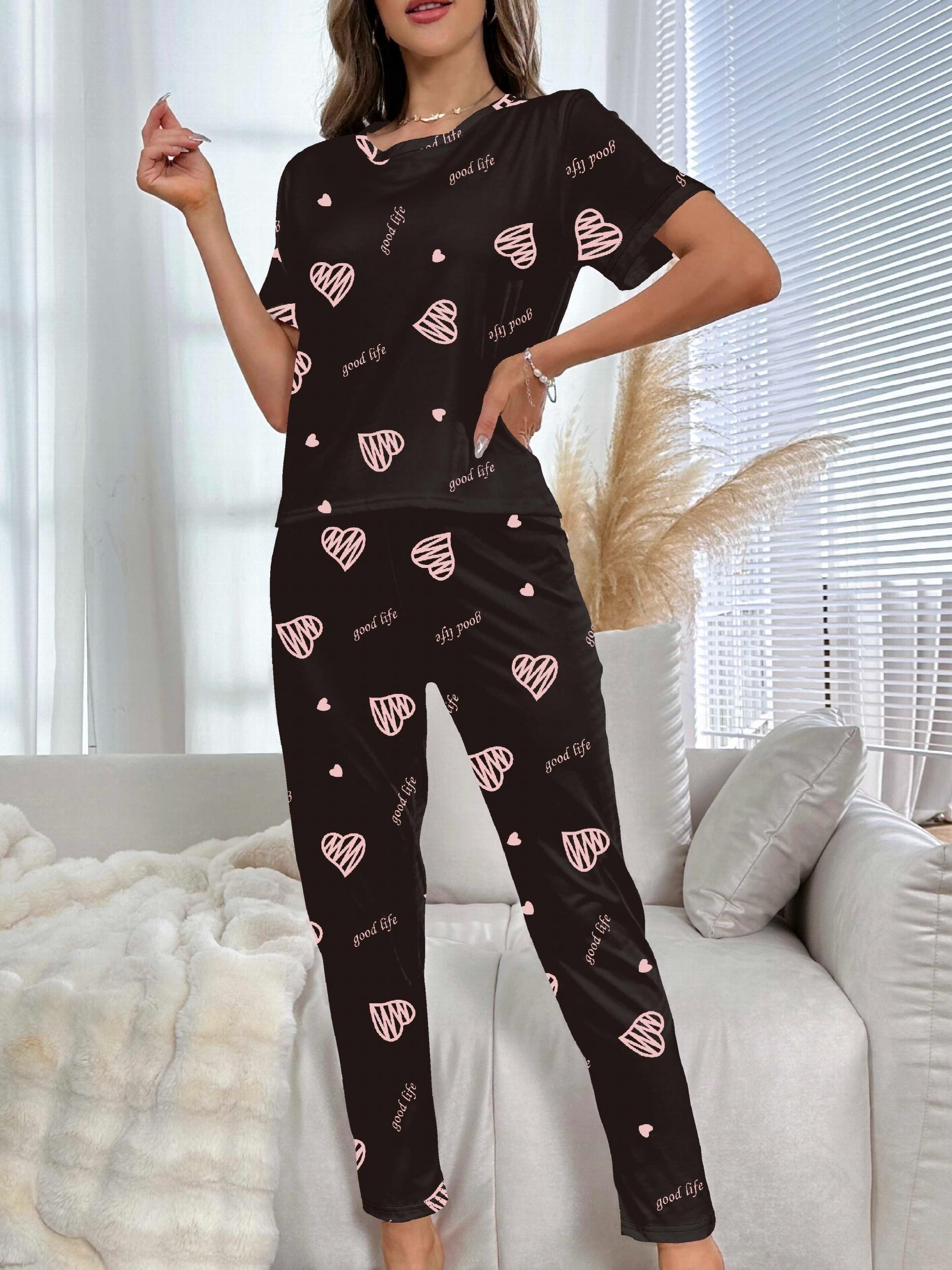 Heart Print Pajama Set Short Sleeve Top & Pants