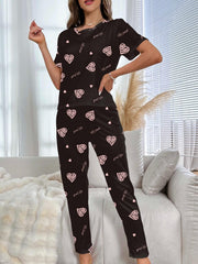Heart Print Pajama Set Short Sleeve Top & Pants