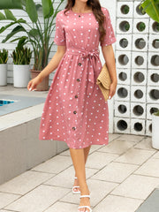 Polka Dot Crew Neck Dress Short Sleeve Knee Length Dress Women's Clothing