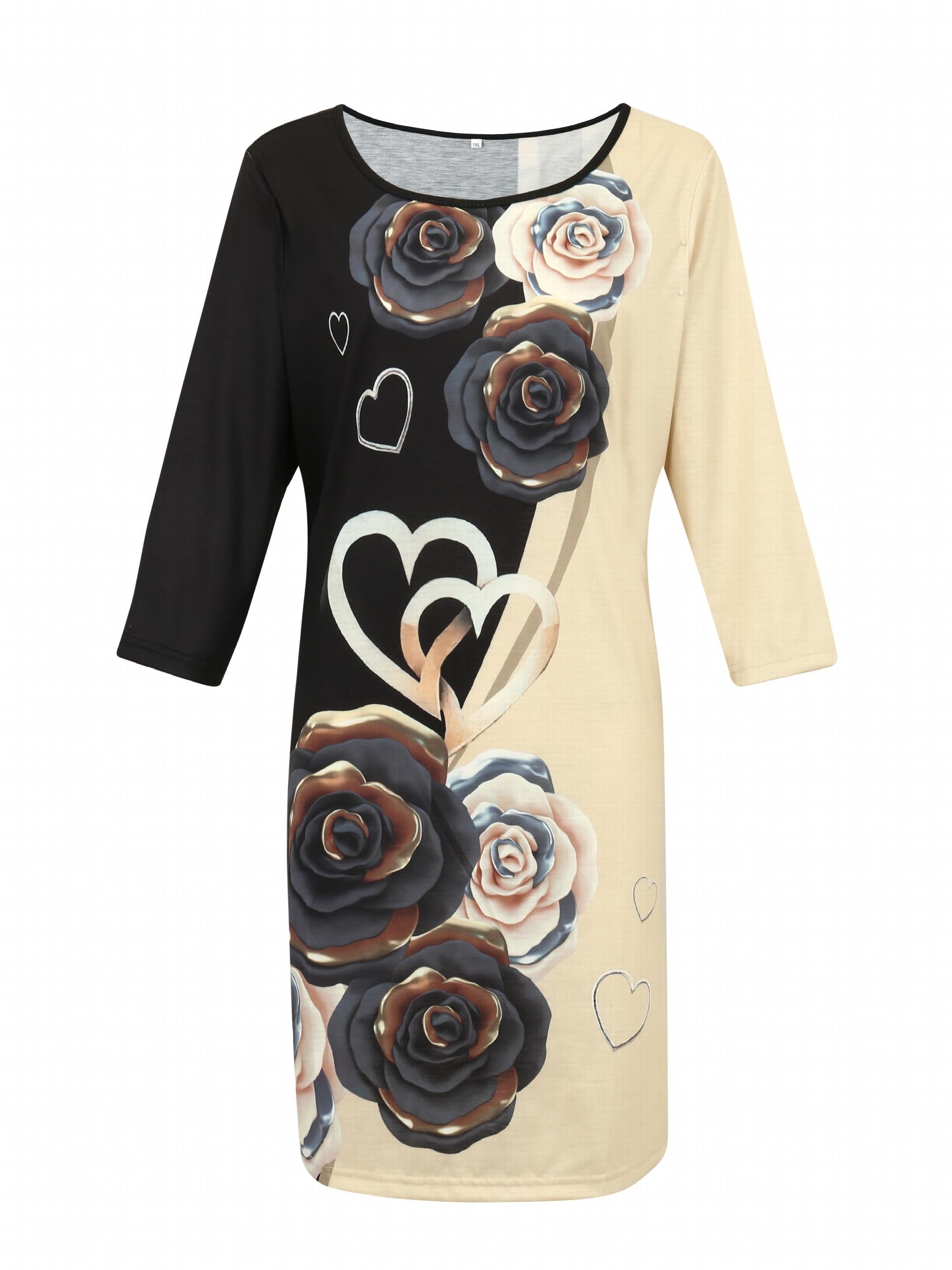 Heart & Floral Print Short Sleeve Tee Dress
