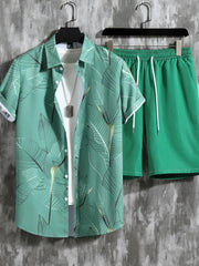 Leaf Print Men's Casual 2Pcs Outfits