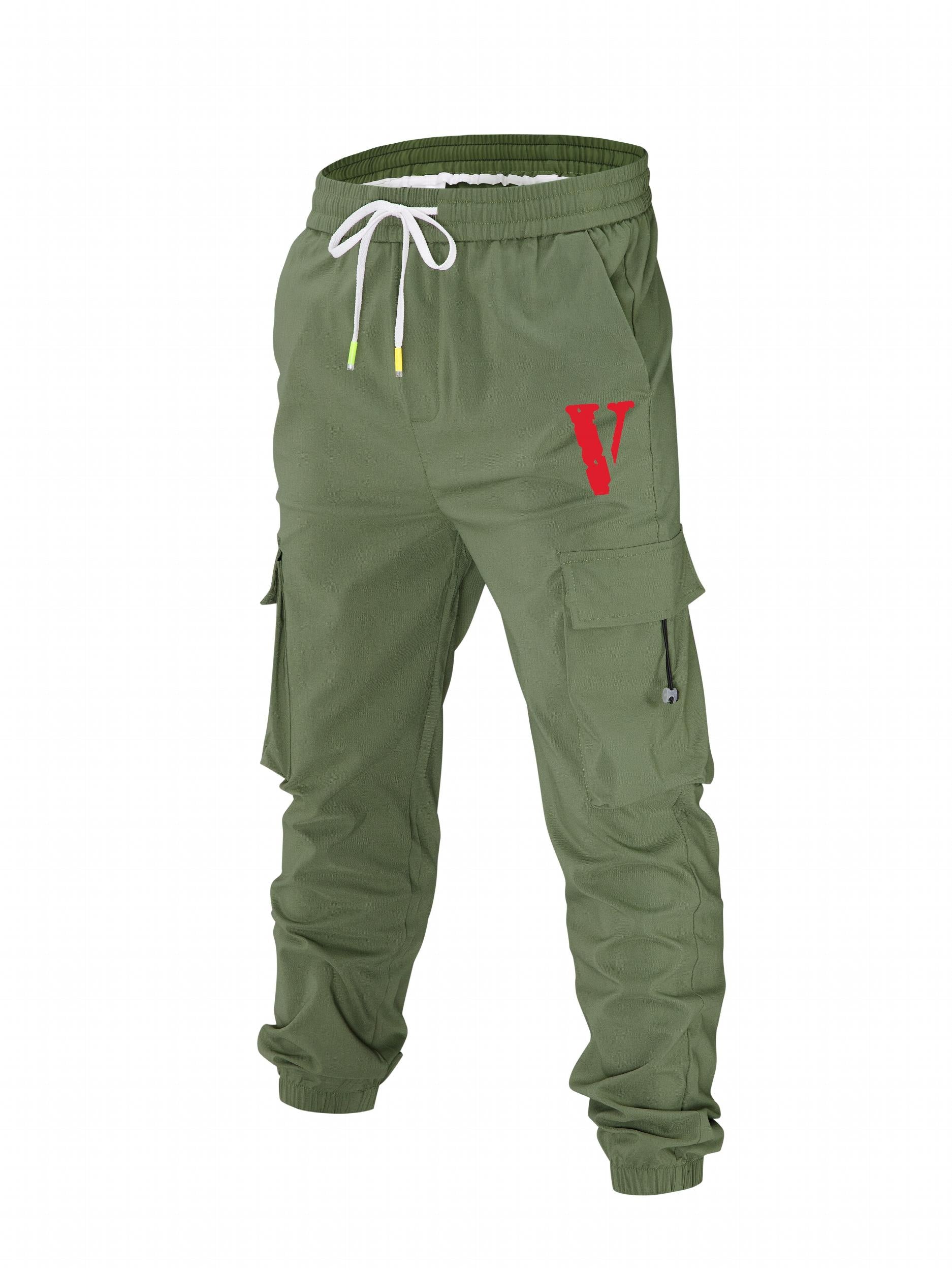 Men's Casual V Print Cargo Pants with Pockets