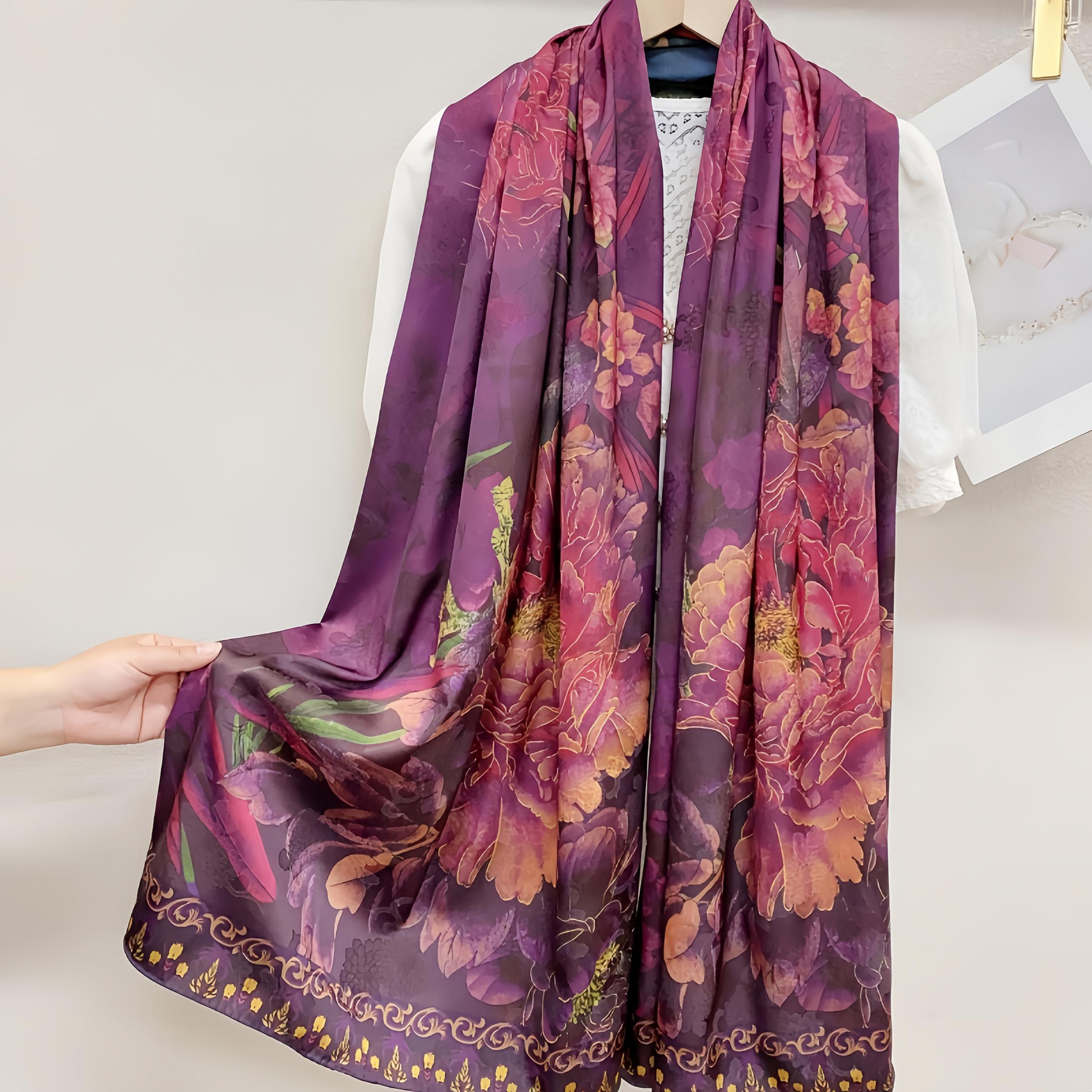 Chinese Style Purple Peony Floral Print Shawl Scarf Lightweight Silk