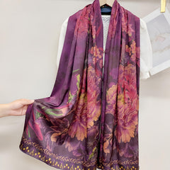 Chinese Style Purple Peony Floral Print Shawl Scarf Lightweight Silk