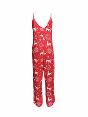 Christmas Cami Jumpsuit Women's Plus Deer & Snowflake Print Wide Leg
