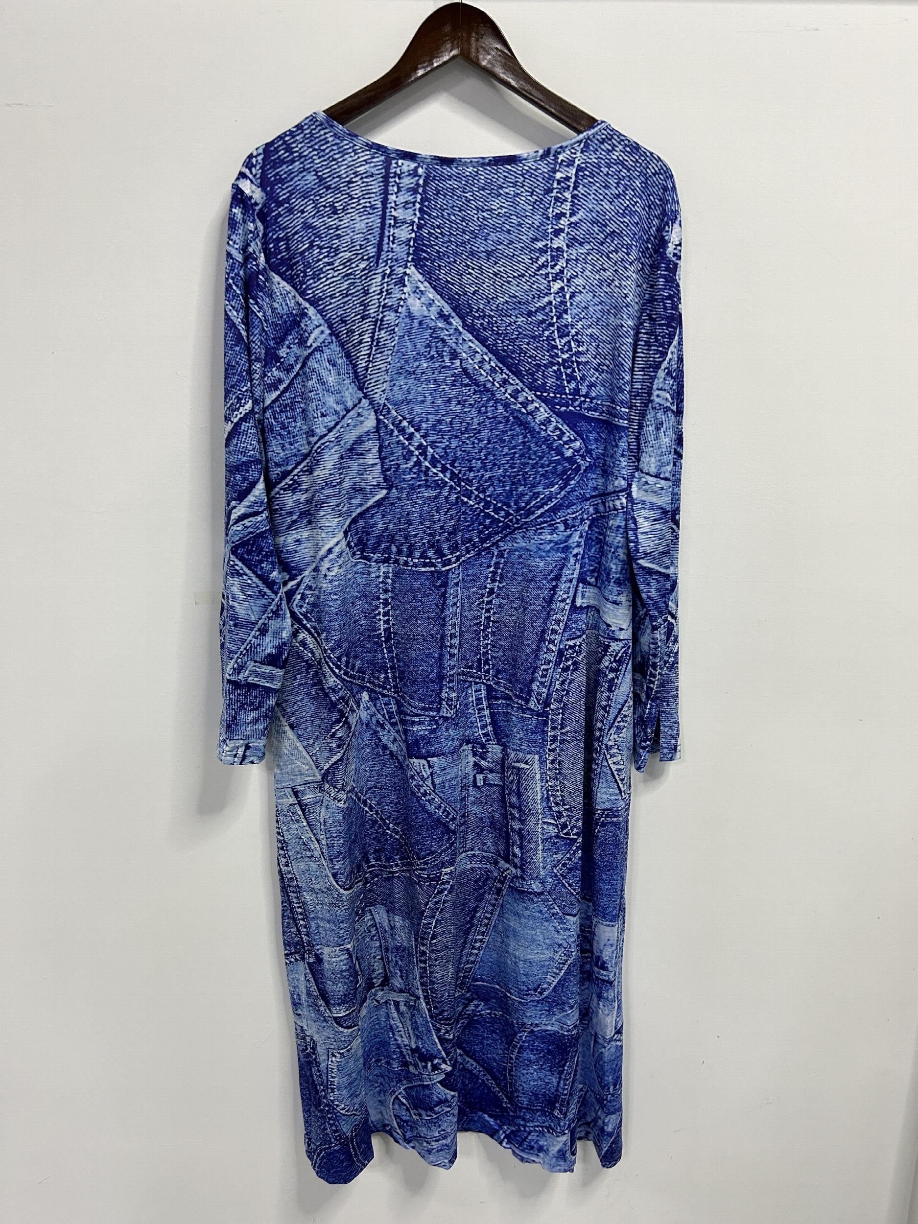 Denim Print Button Decor Long Sleeve Dress With Pockets