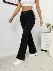 High Waist Flap Pockets Flared Legs Denim Pants
