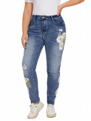 Washed Ripped Floral Embroidery High Stretch Jeans