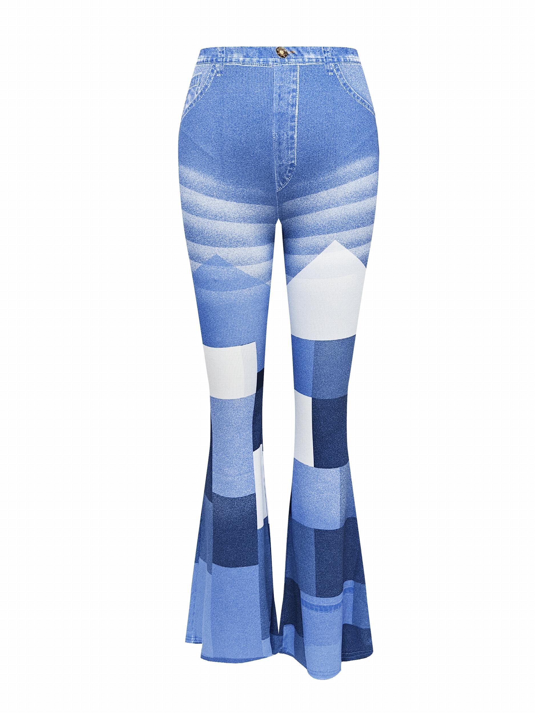 Denim Print Flare Block Yoga Pants High Waist Activewear Leggings