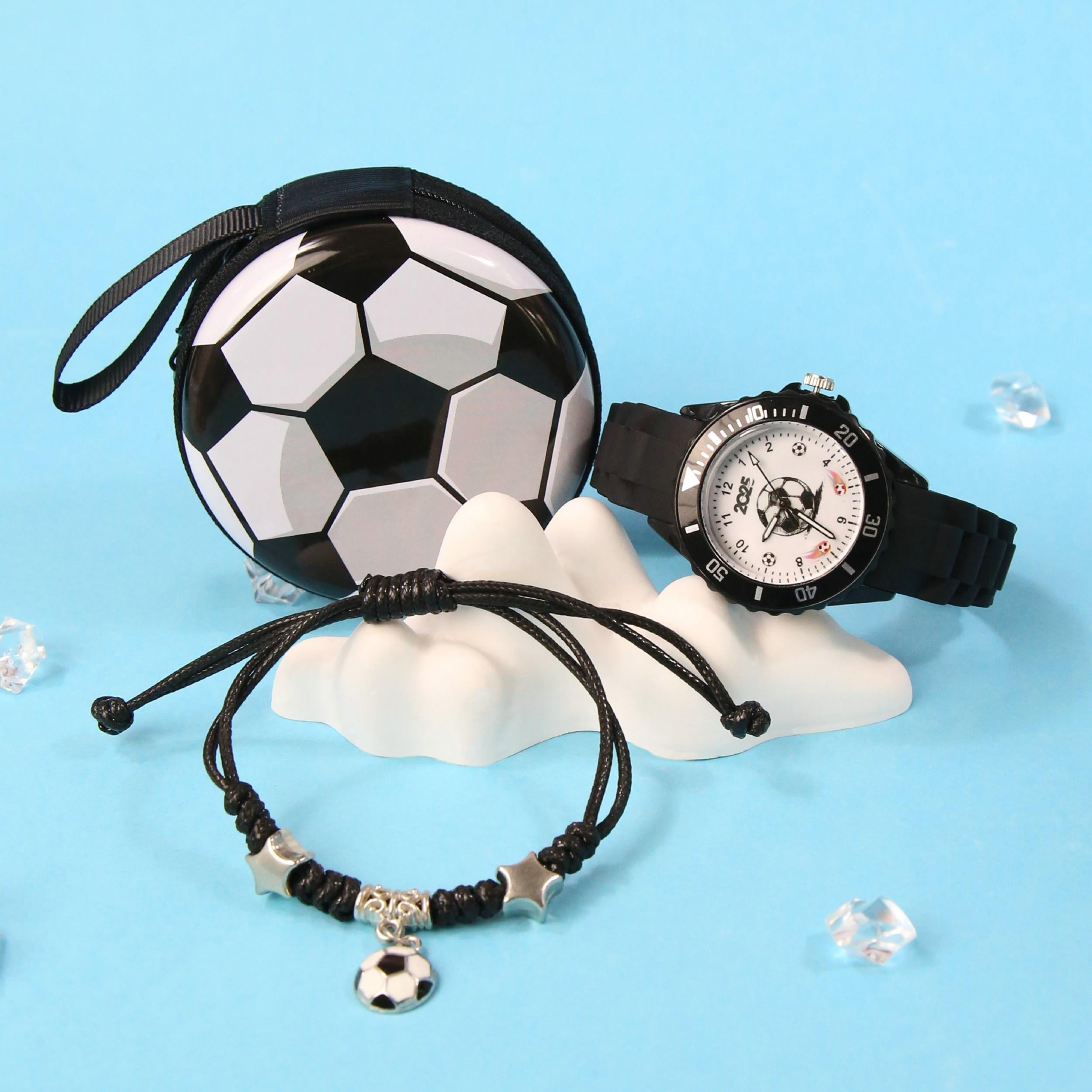 3pcs Boys' Football Themed Watch Set + Bracelet & Wallet