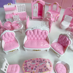 Pink Mini Playhouse Toy Simulated Kitchen Bathroom Living Room Bedroom
