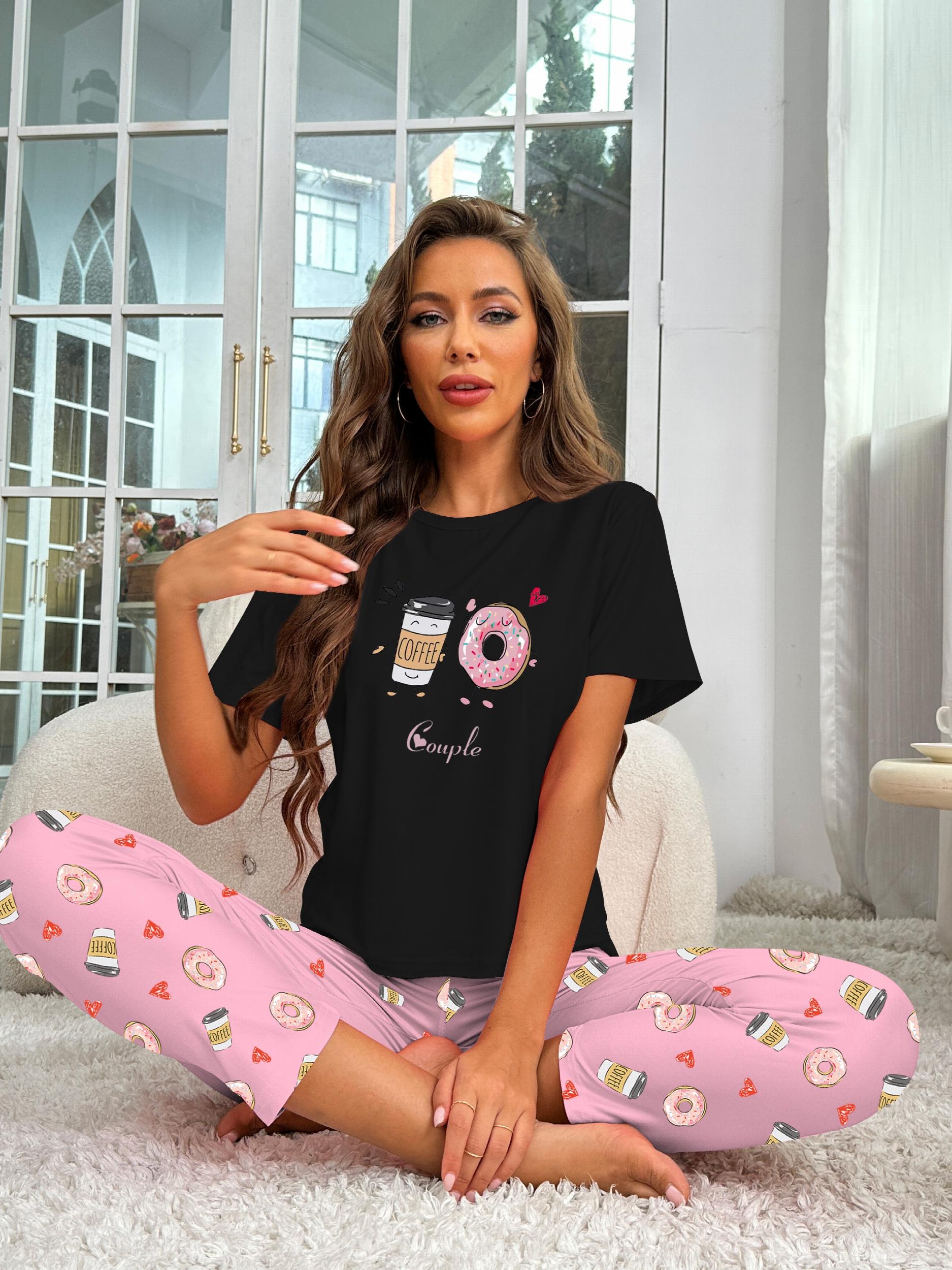 Donut Print Pajama Set Short Sleeve Crew Neck Top & Elastic Waistband Pants