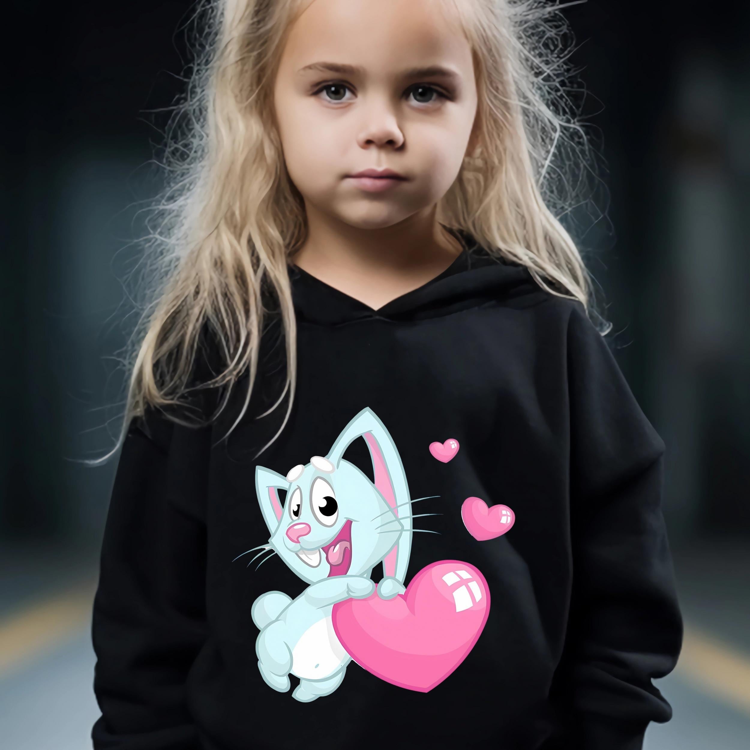 Girls 2pcs Cat & Heart Pattern Hooded Sweatshirt & Sweatpants Set