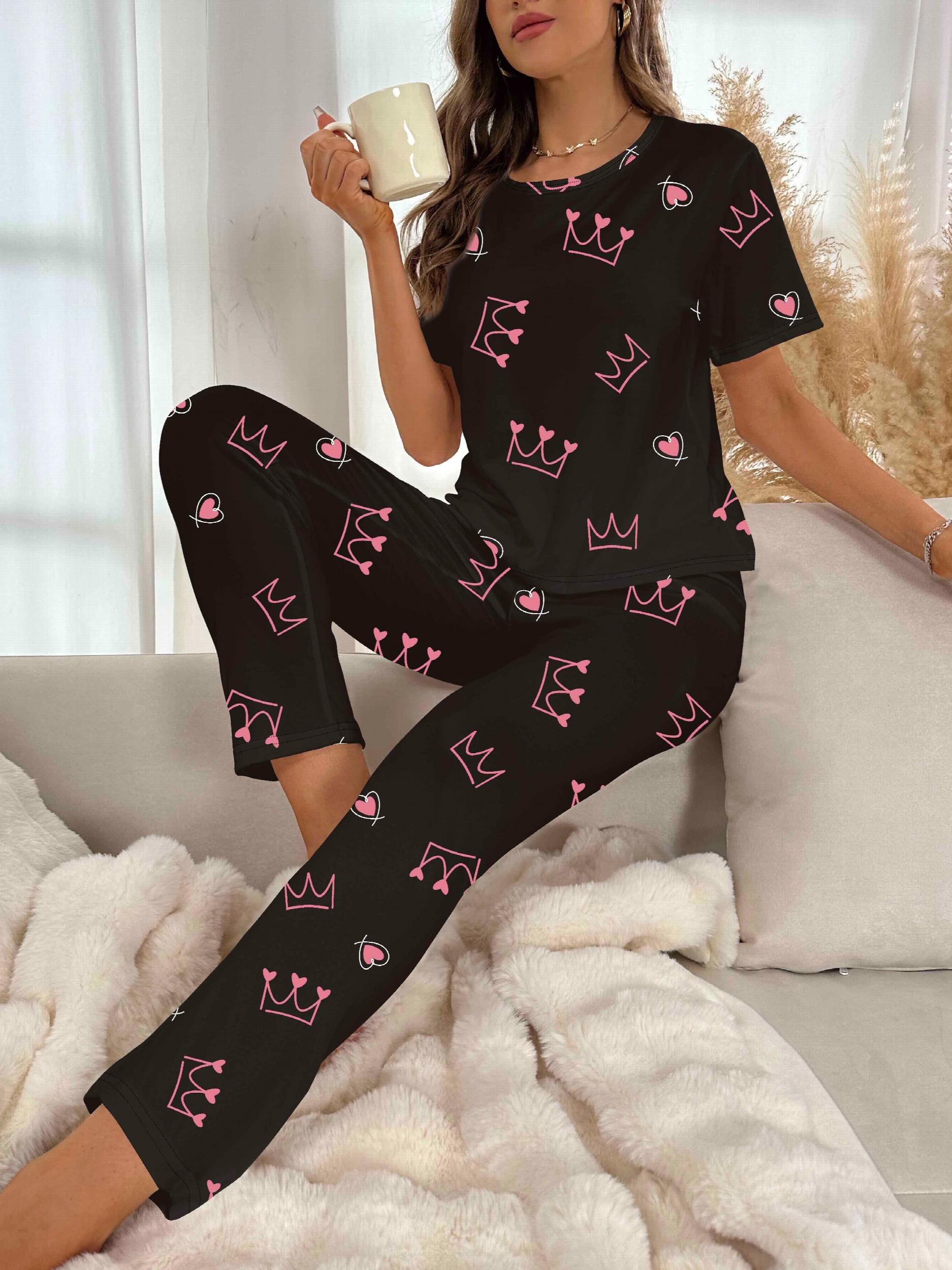 Crown Print Pajama Set Short Sleeve Crew Neck Top & Elastic Waistband Pants