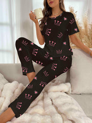 Crown Print Pajama Set Short Sleeve Crew Neck Top & Elastic Waistband Pants
