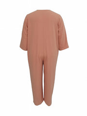 Casual Jumpsuit Solid Button Up Half Sleeve Round Neck With Pockets