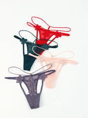 Floral Embroidery Thongs Double Ribbon Mesh Panties