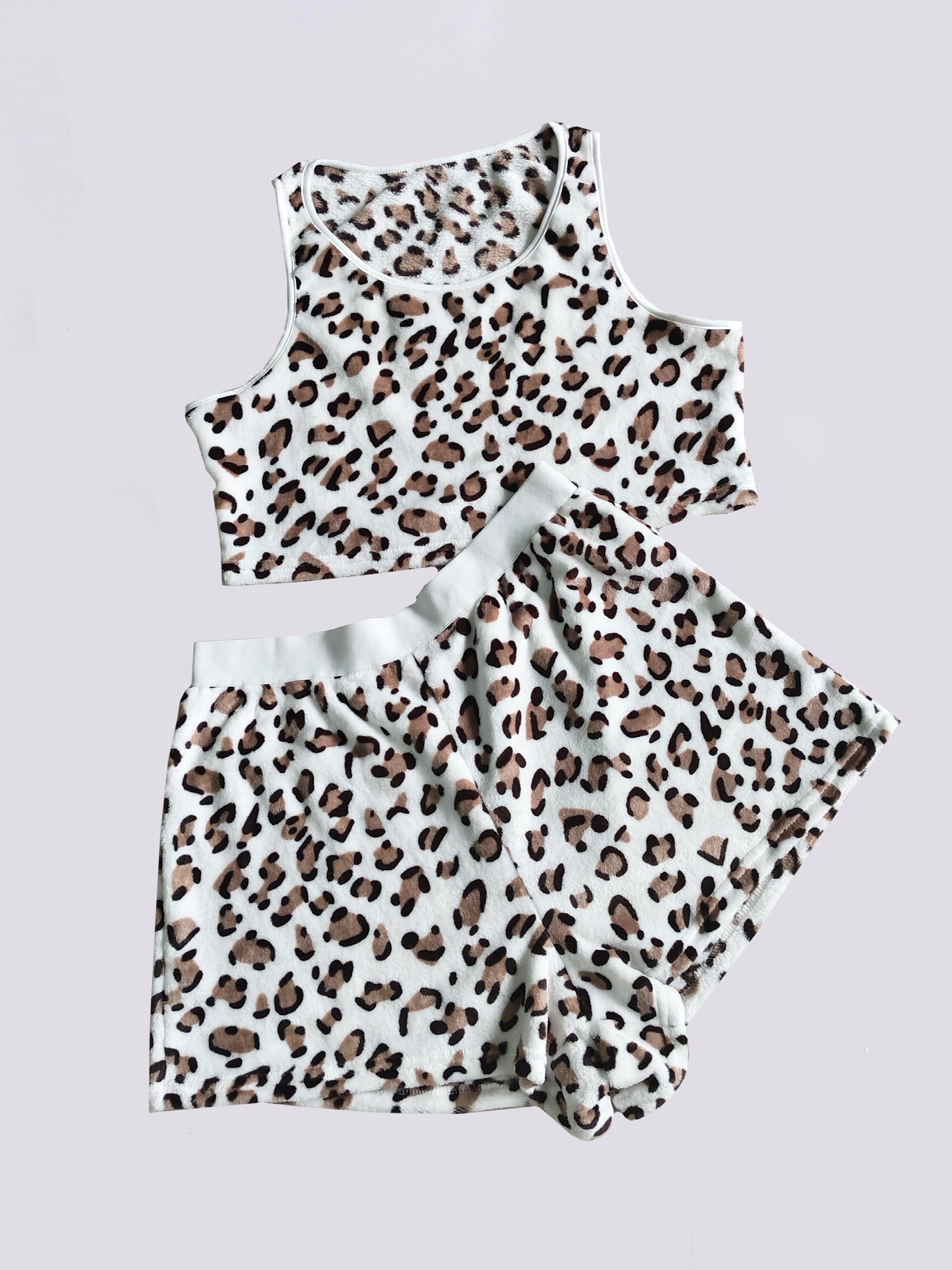 Leopard Print Plush Tank Top & Shorts Lounge Set