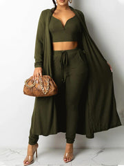 Solid Ribbed Cardigan & Drawstring Pants Set