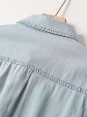 Casual Loose Fit Collared Denim Shirt Single Pocket Long Sleeved Denim Shirt