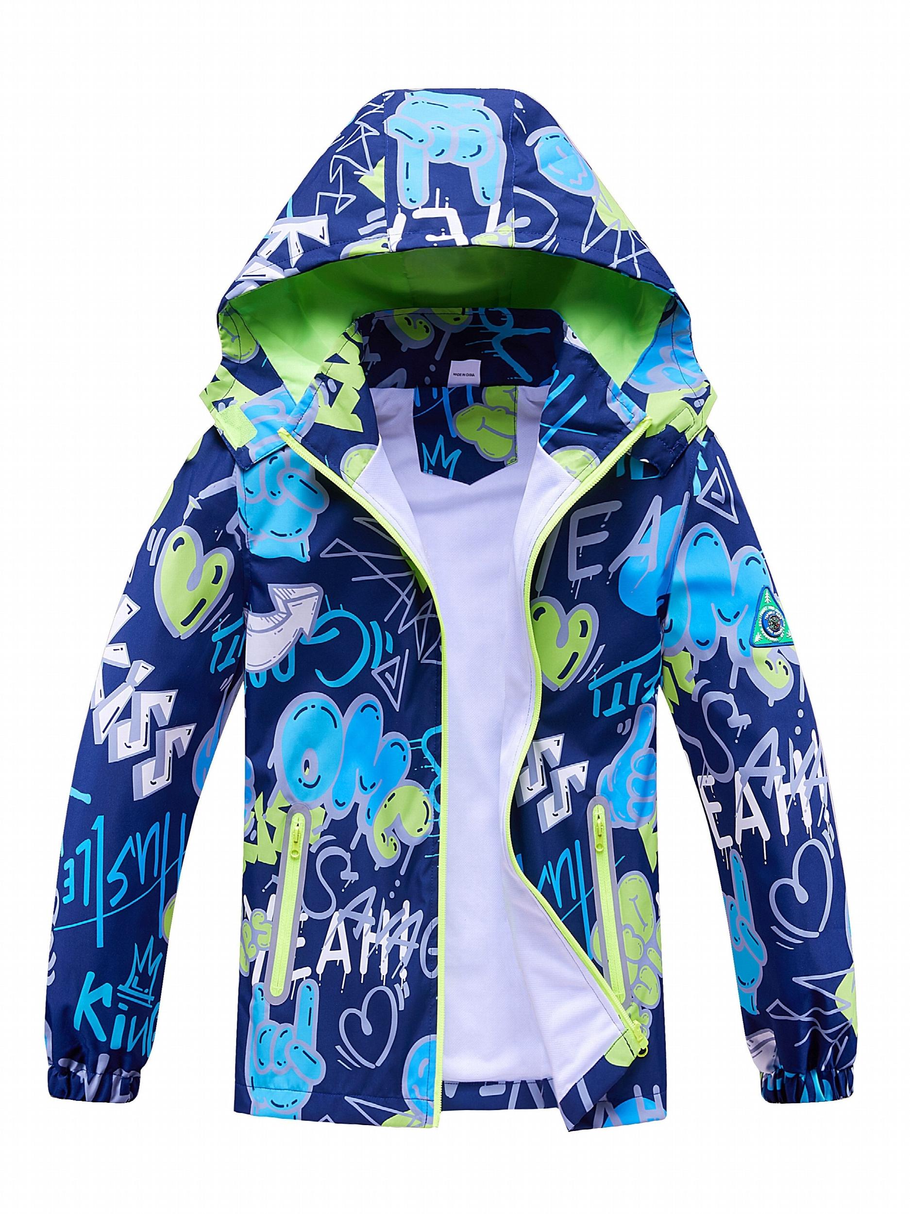 Graffiti Letter Boys Windbreaker Jacket with Hood Long Sleeve Zip Waterproof