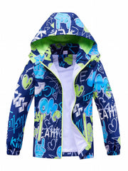 Graffiti Letter Boys Windbreaker Jacket with Hood Long Sleeve Zip Waterproof