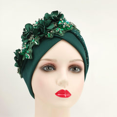 Rhinestone Flower Turban Cap Elastic Head Wrap Floral Chemo Cap