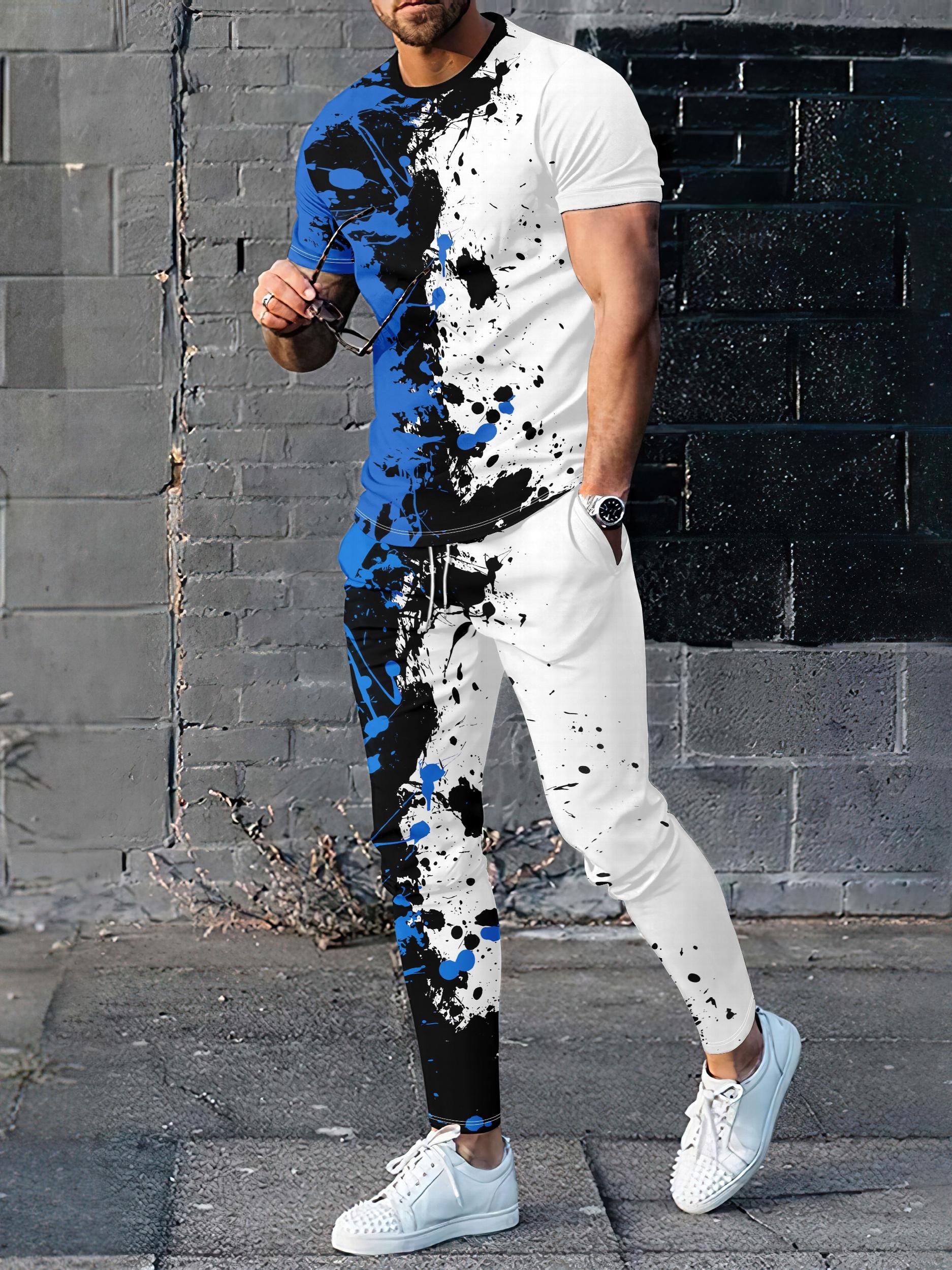 Colorful Paint Pattern 2 Piece Outfit Short Sleeve T-shirt & Drawstring Sweatpan