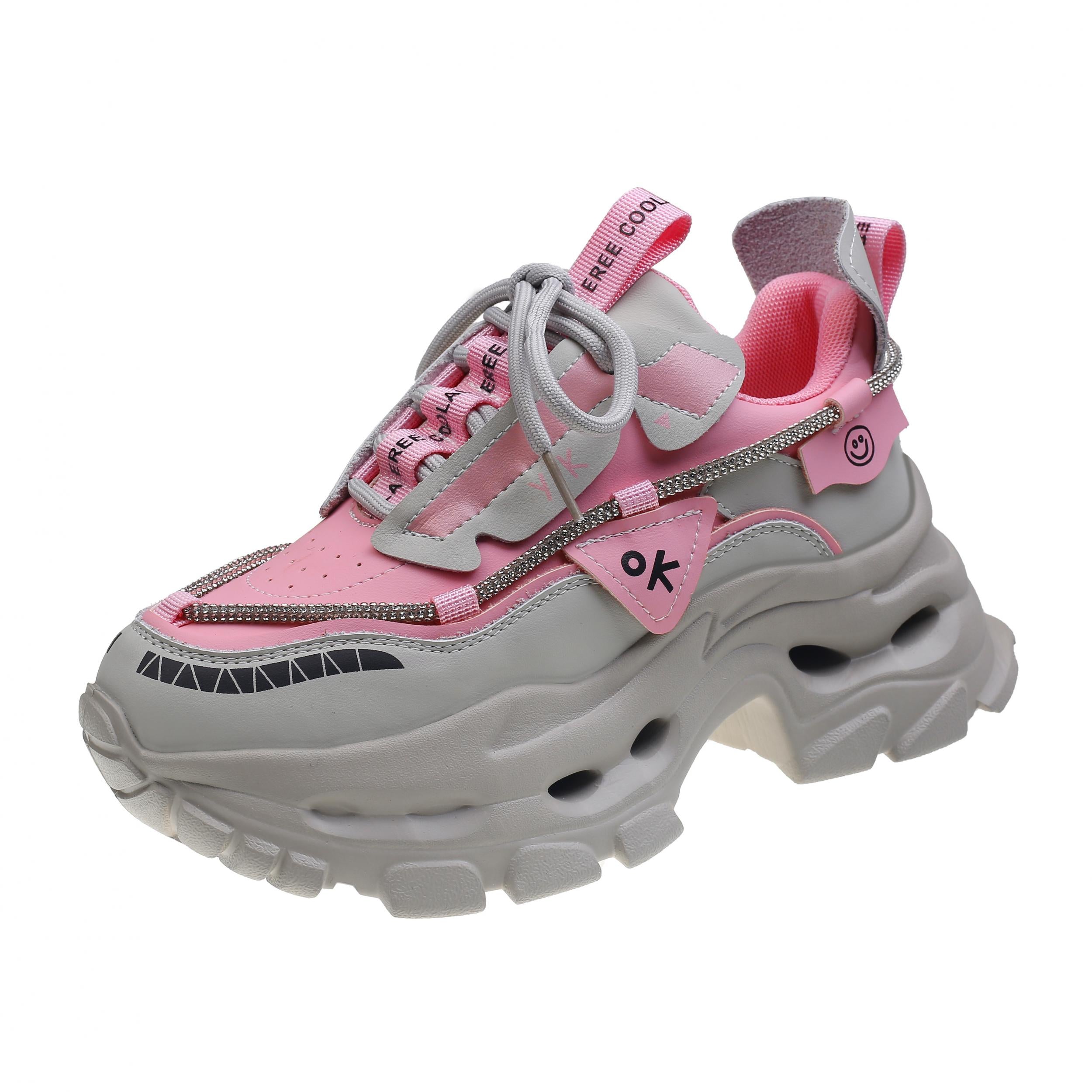 Chunky Rhinestone Platform Lace Up Walking Shoes