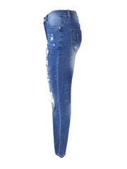 Distressed Straight Leg Jeans Button Fly Randomly Dot Printed Denim Pants