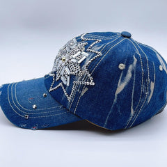Rhinestone Flower Decor Baseball Cap Washed Distressed Denim Sun Hat