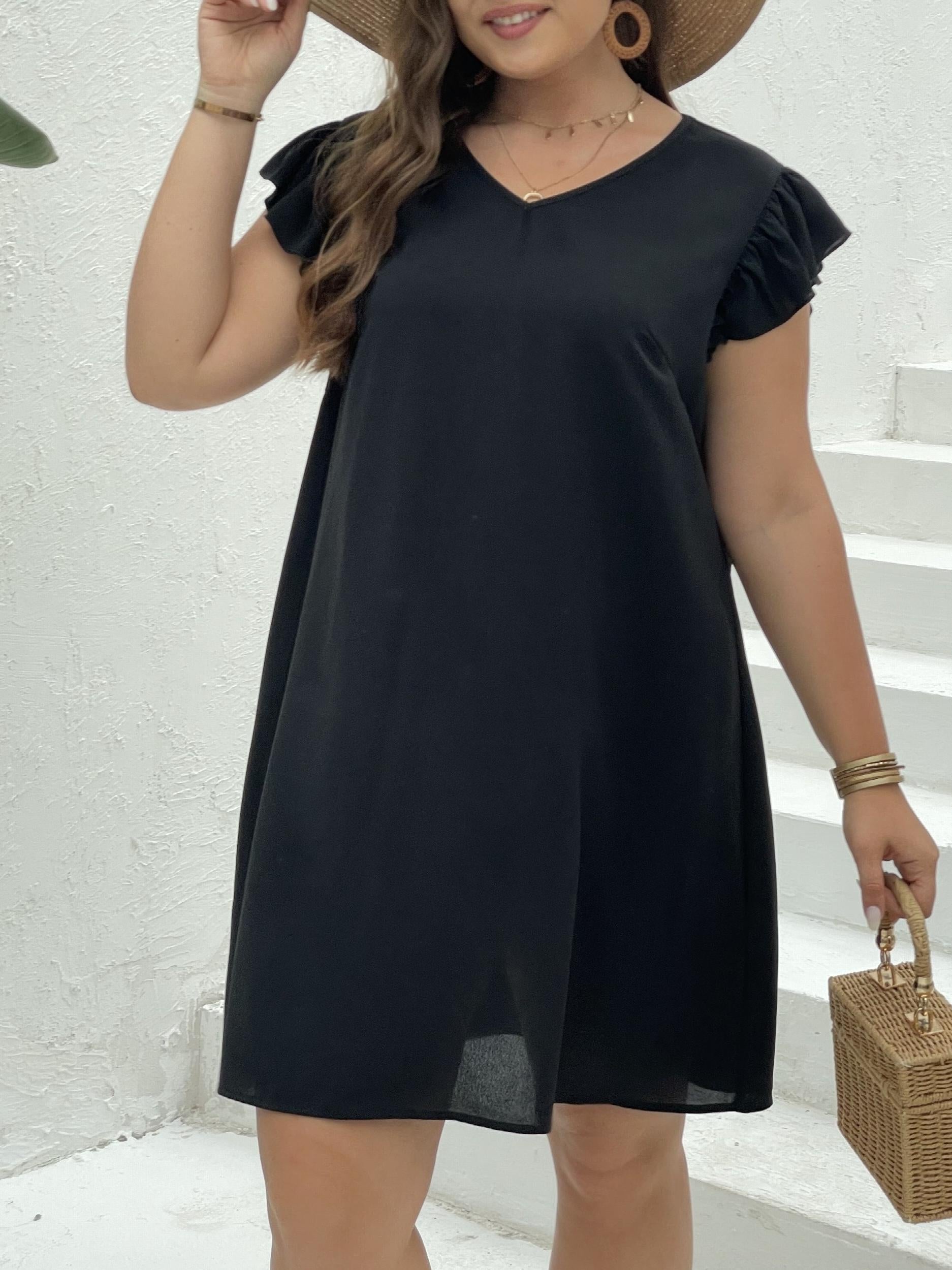 Solid Ruffle Sleeve V Neck Knee Length Dress