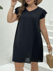 Solid Ruffle Sleeve V Neck Knee Length Dress