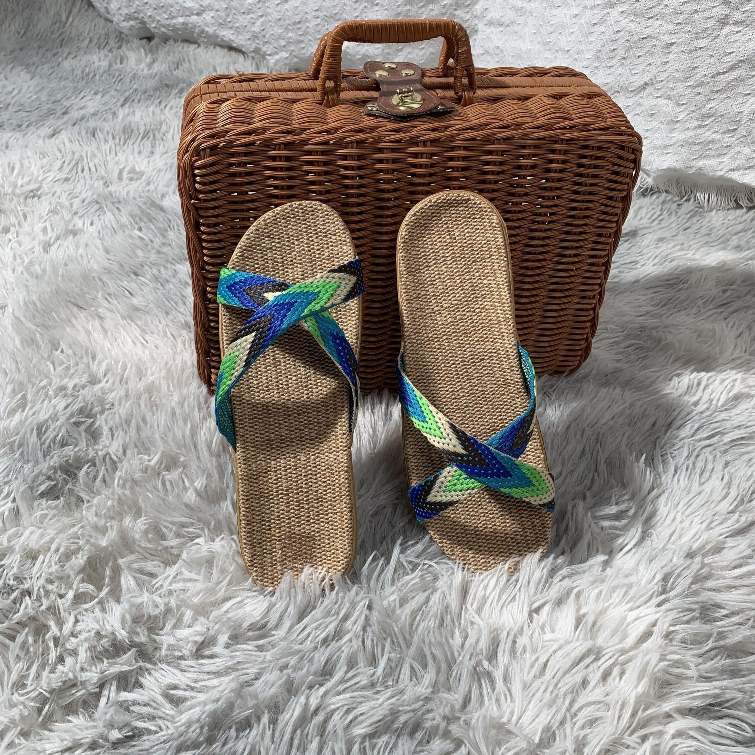 Women's Cross Strap Flat Slides Open Toe Linen Slides Indoor Shoes