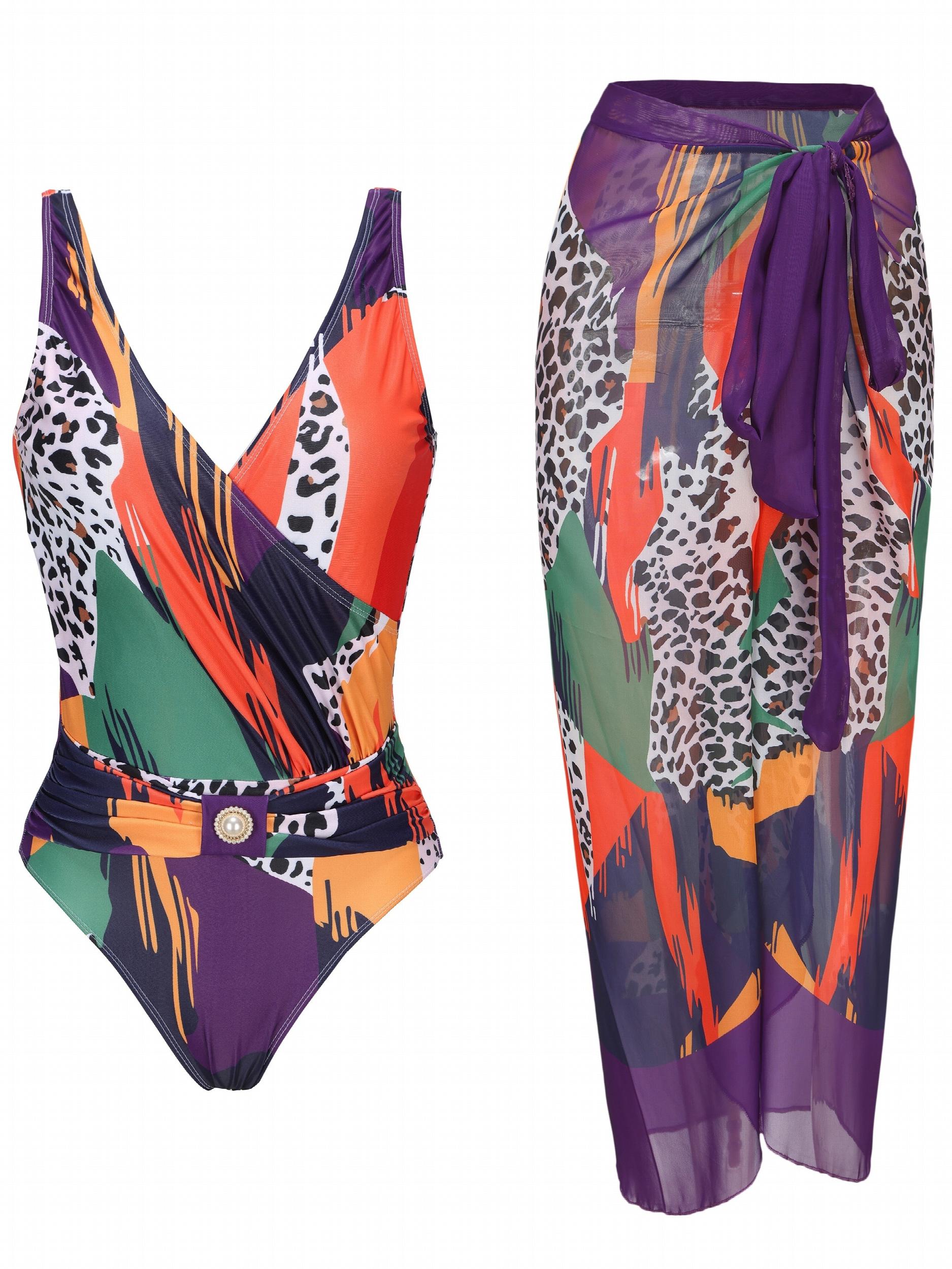 Animal Print Swimsuit Set with Cover Up Skirt