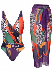Animal Print Swimsuit Set with Cover Up Skirt
