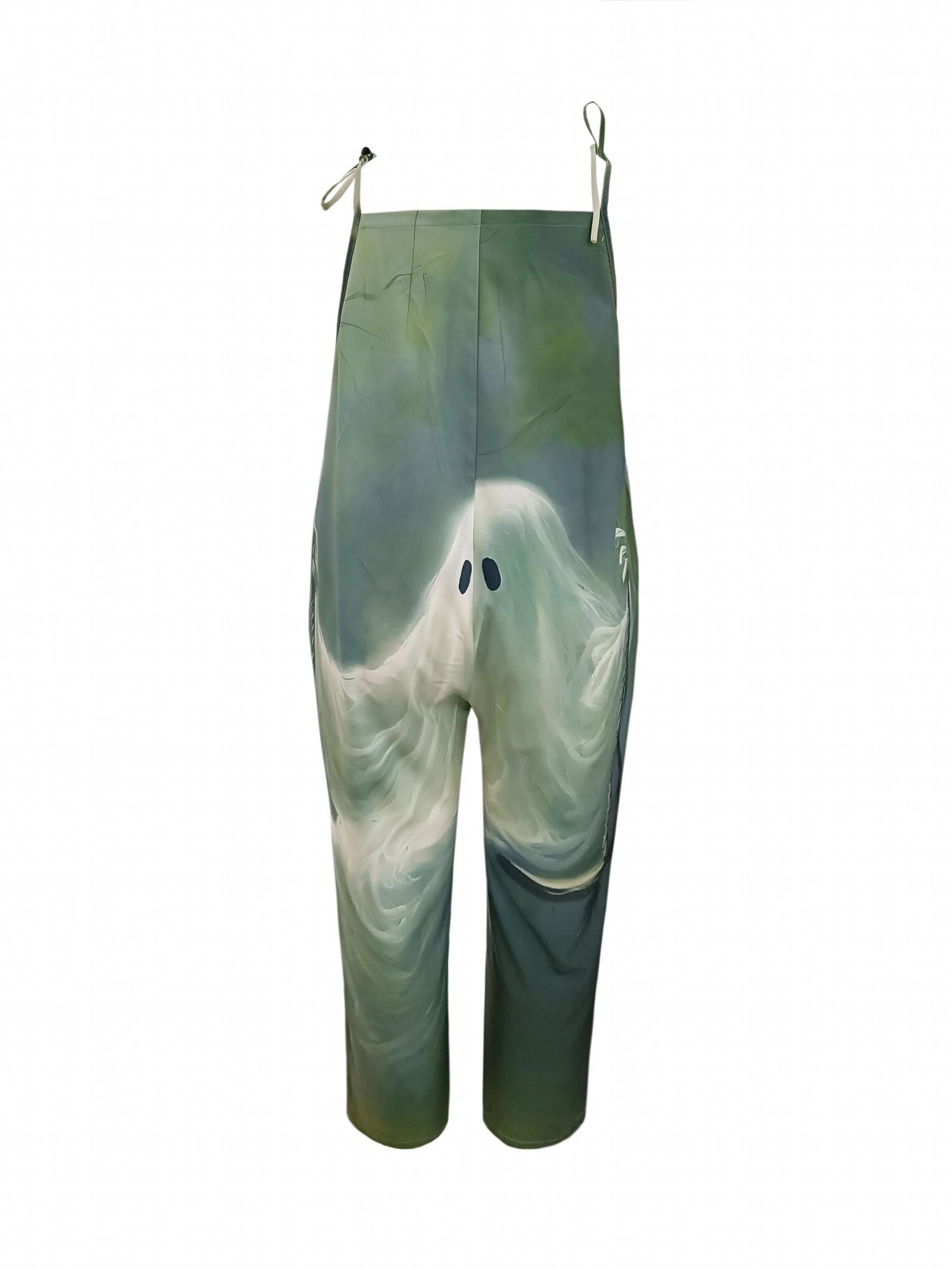 Halloween Ghost Print Tie Shoulder Overalls