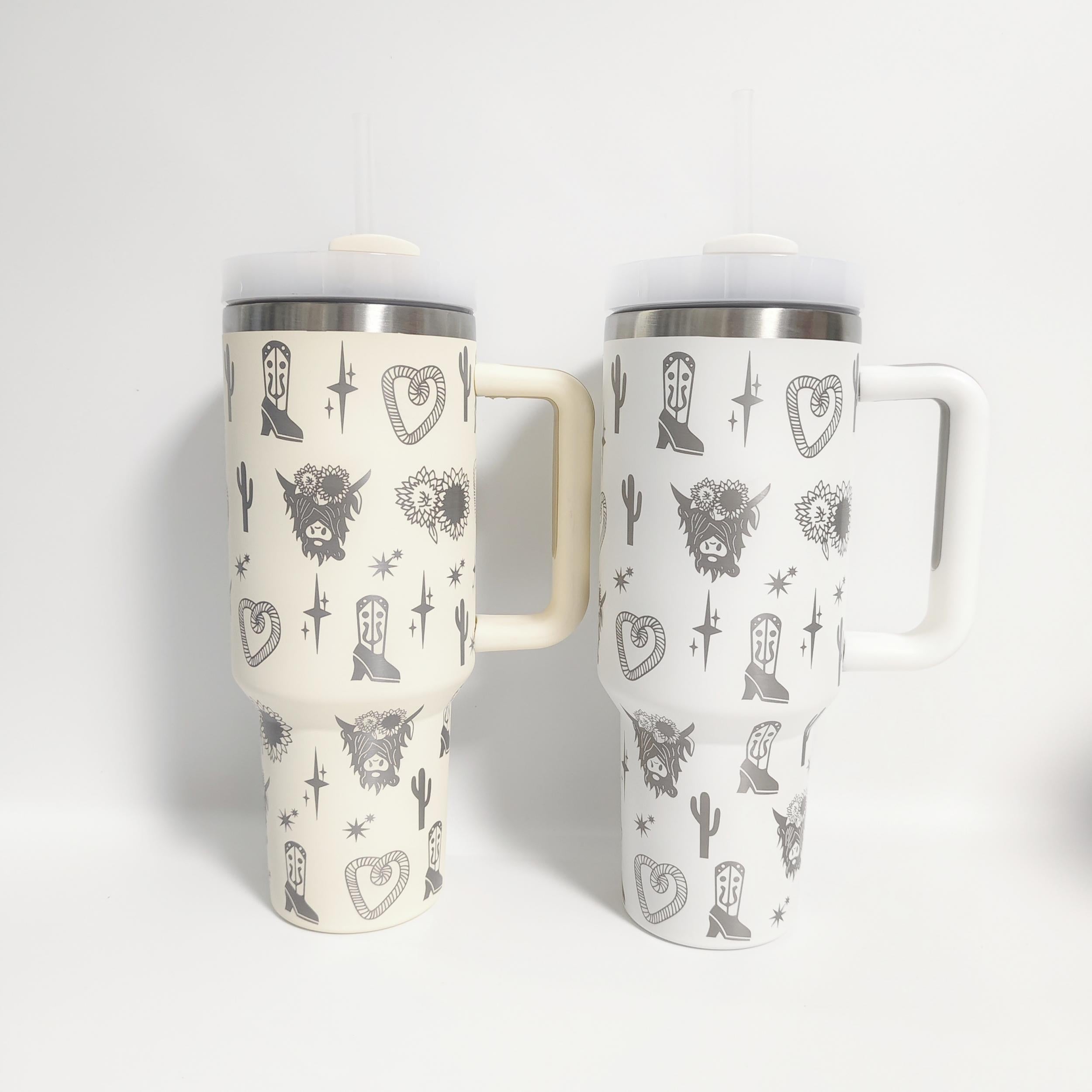 1200ml Stainless Steel Water Bottle Creative Pattern Large Capacity with Straw