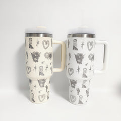 1200ml Stainless Steel Water Bottle Creative Pattern Large Capacity with Straw
