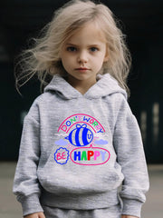 Happy Pattern Long Sleeve Hooded Sweatshirt Girls Comfy Hoodies Pullover