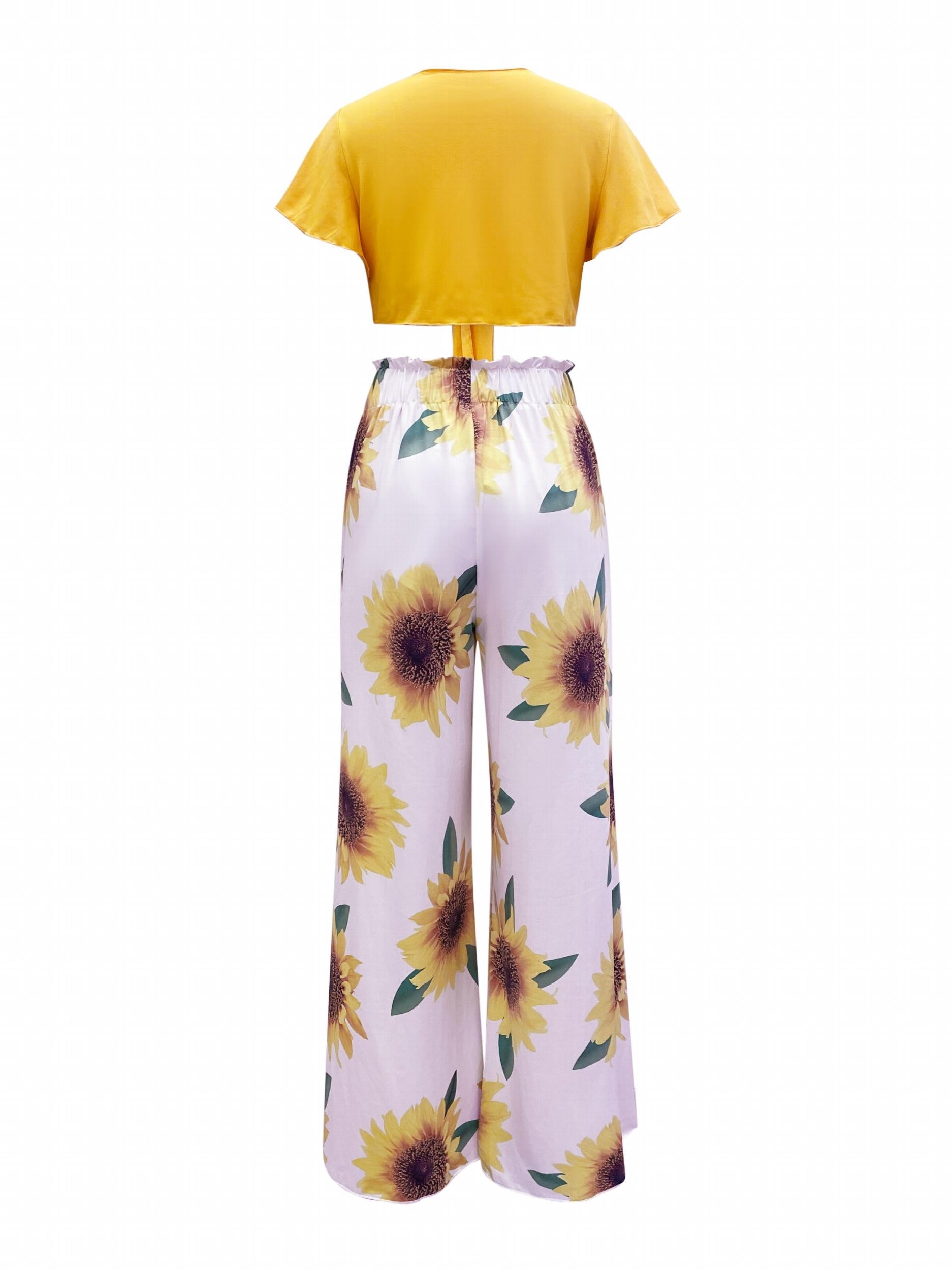 Spring/Summer 2pc Set Cropped Ruffle Trim Tops & Sunflower Wide Leg Pants
