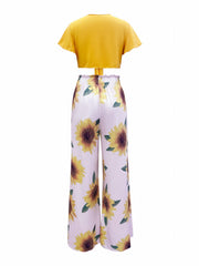 Spring/Summer 2pc Set Cropped Ruffle Trim Tops & Sunflower Wide Leg Pants