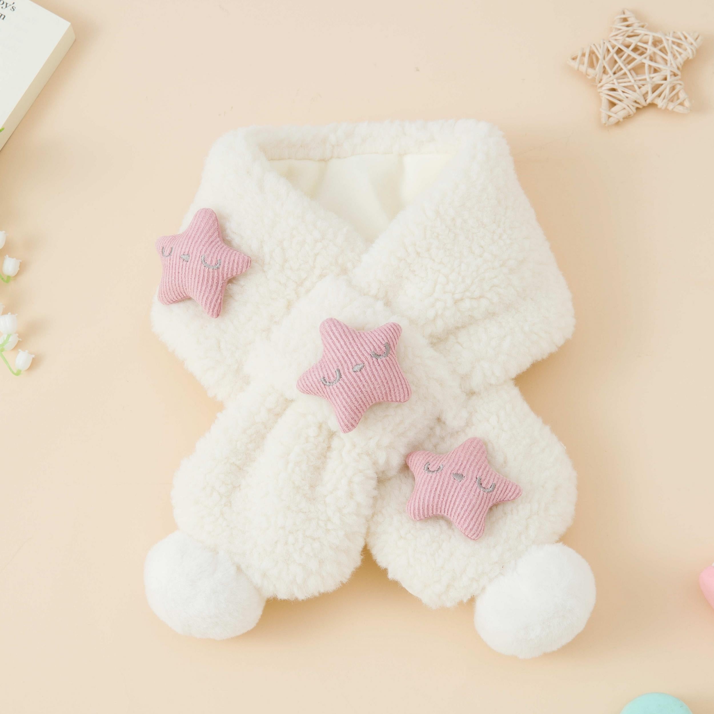 Girls Star Fleece Thermal Scarf with Plush Ball for Winter